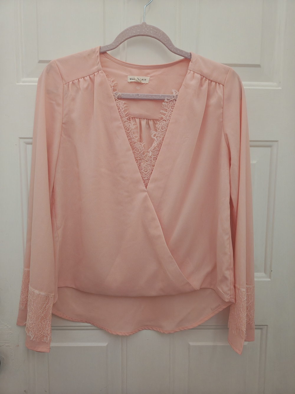 Maeve Pink Lace-Trim Wrap Blouse